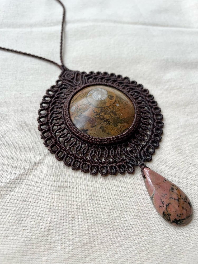 Image of Macrame necklace with ammonite fossil and rhodonite 