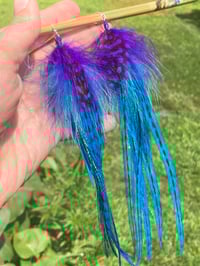 Image 5 of Feather Earrings, Festival Earrings, Colorful Dangle Earrings, Feather Drop Earrings Purple and Blue