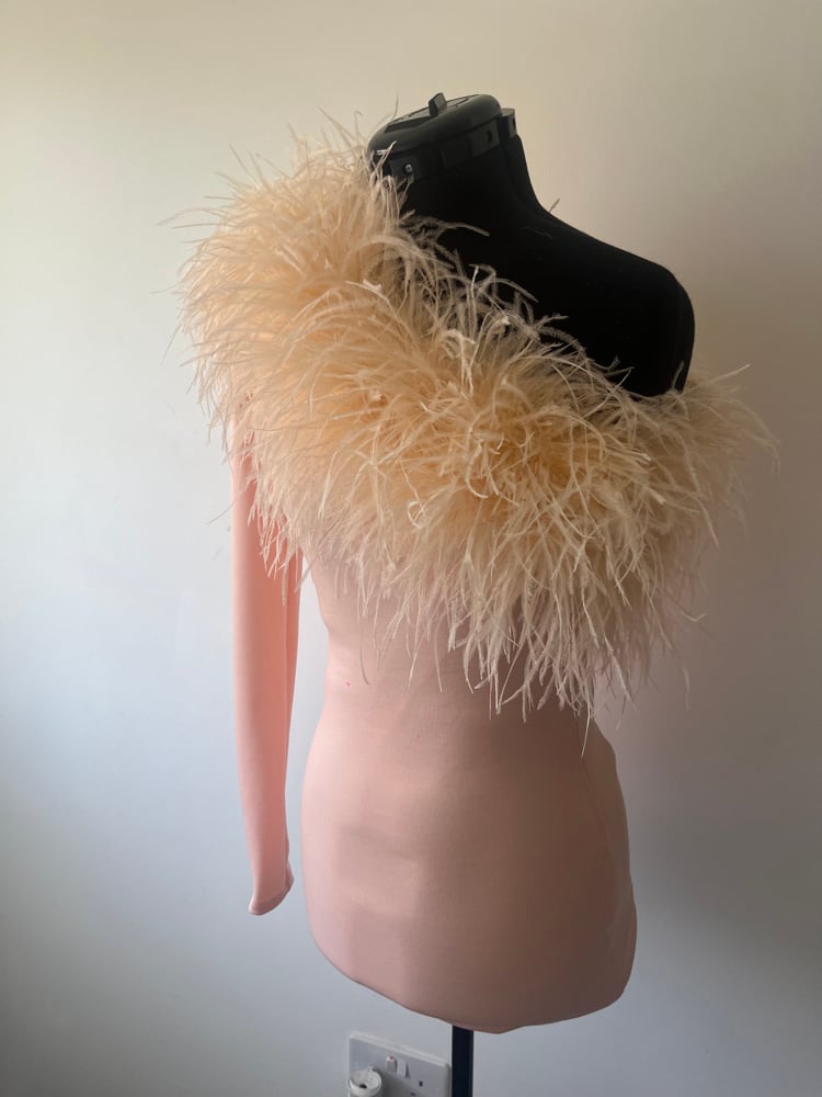 Image of One shoulder ostrich feather dress in peach size 8