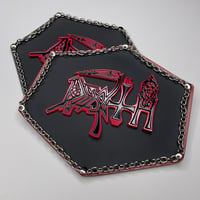 Image 2 of Death "A" Metal Pin Attached To faux Leather Oversized Patch With Real Chains (READ DESCRIPTION)