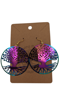Image 2 of Tree of Life Reflective Rainbow Stainless Steel Earrings