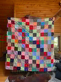 Image 4 of vintage fabric patchwork polyester tied quilt and matching pillow sham pillowcase squares like new