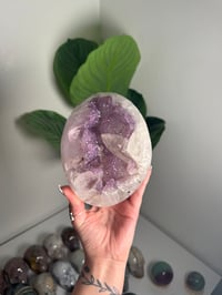 Image 1 of LAVENDER DRUZY QUARTZ EGG WITH RAINBOW FILLED CALCITE POINT ON A STAND -URUGUAY-