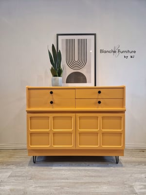 Image of Gorgeous Nathan Sideboard in a Marigold Orange on Black Hairpin legs with Matching handles