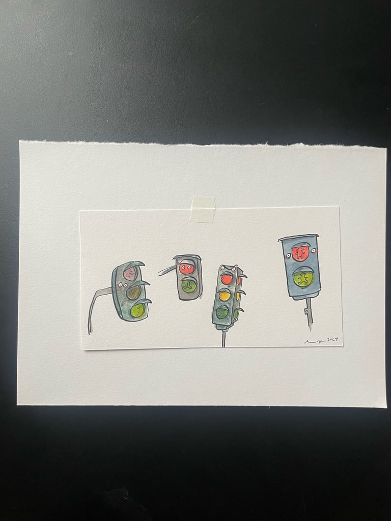 Originalzeichnung Aquarell Auf Papier "Ampeln"