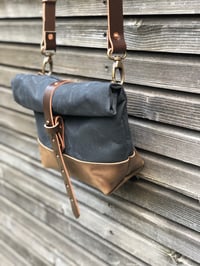 Image 7 of Satchel in black waxed canvas with leather base