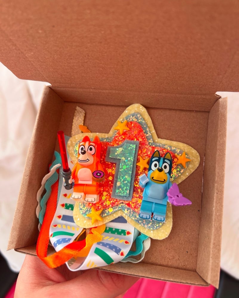 Image of Bluey & Bingo Lego bows & birthday items  (dispatch date 28th Augy))