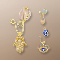 Image 2 of Natural Stone Hamsa Hand Nose Cuff Ring With Charm