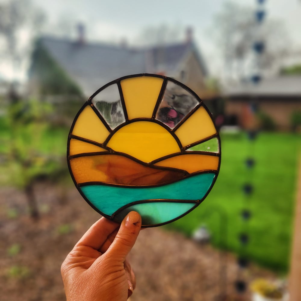 Image of Mountain/Ocean sunset mini panel- stained glass