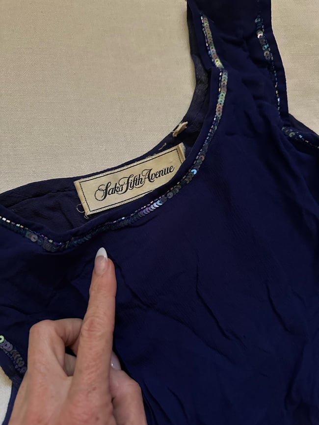 70s does 20s Saks Fifth Avenue sapphire silk flapper dress 