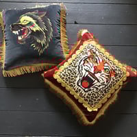 Image 8 of Red Velvet Leopard Tiger Patch Fringed Cushion Cover