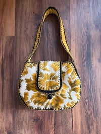 Image 1 of Artisan Crochet Vintage Fabric Floral Chenille Tapestry Purse