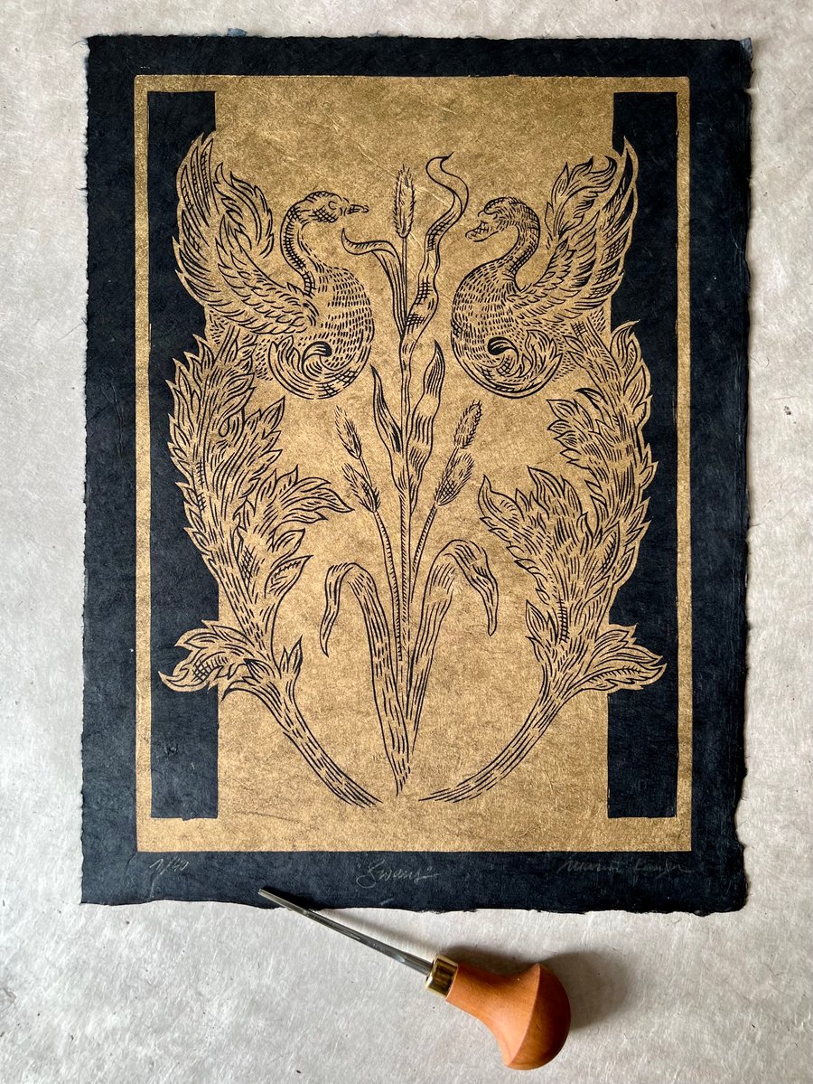 Image of Swans Lino print Gold Black