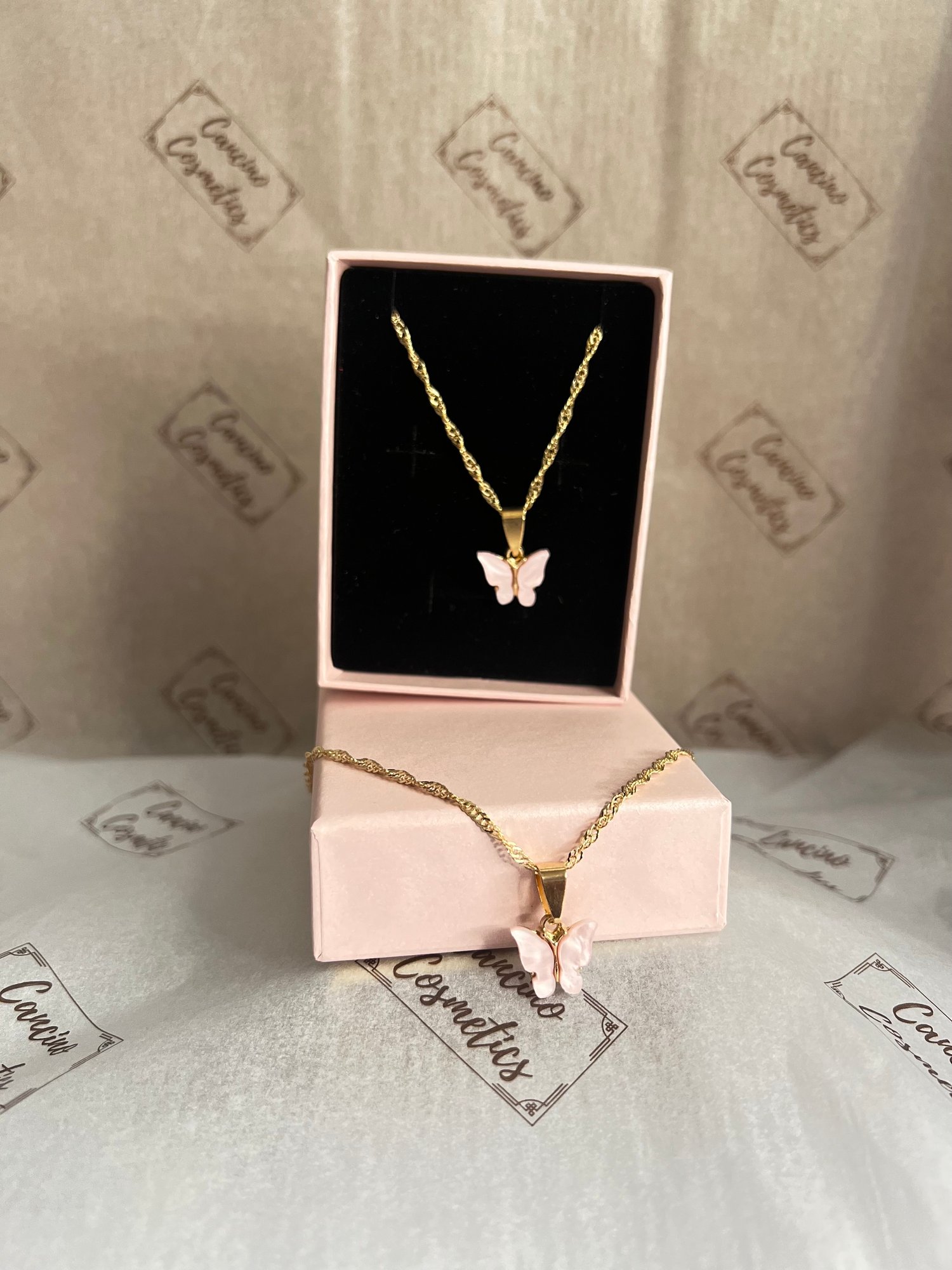 Image of PINK BUTTERFLY CHARM NECKLACE