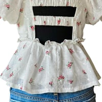 Image 3 of Boho Festival White Rose Floral Eyelet Overlay Babydoll Top with Puff Sleeve - Size M - Trixxi