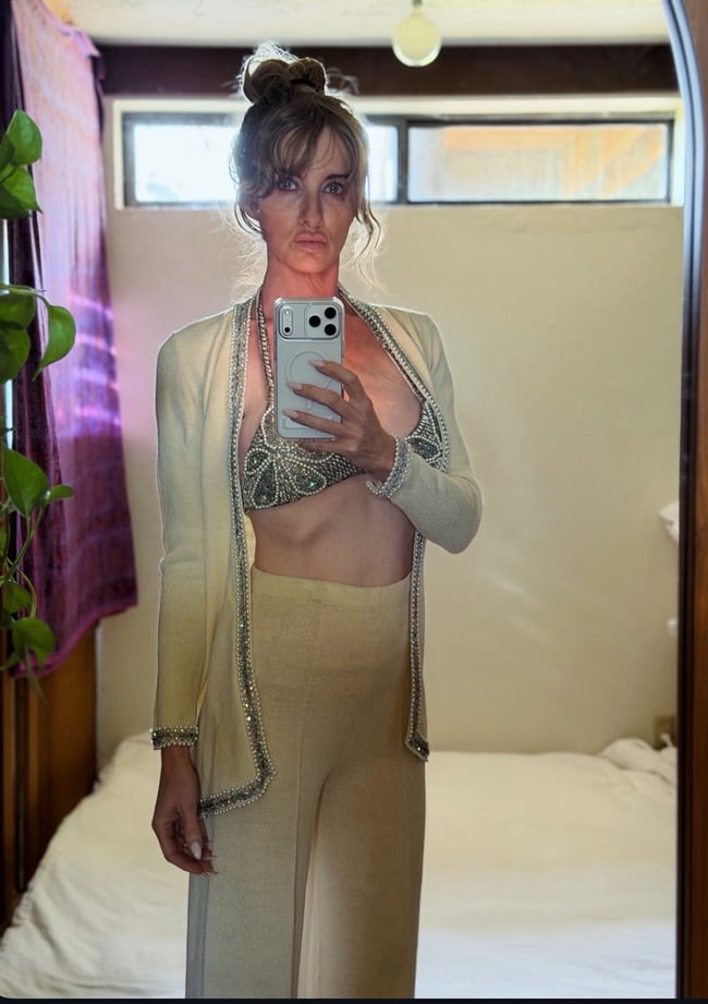 early 70s italian luxury knit trouser set w embellished bra top and sash belt