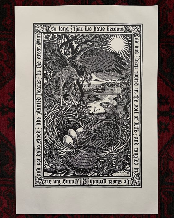 Image of ‘Blickling Buzzards’ Original Woodblock Print - Black on Ivory