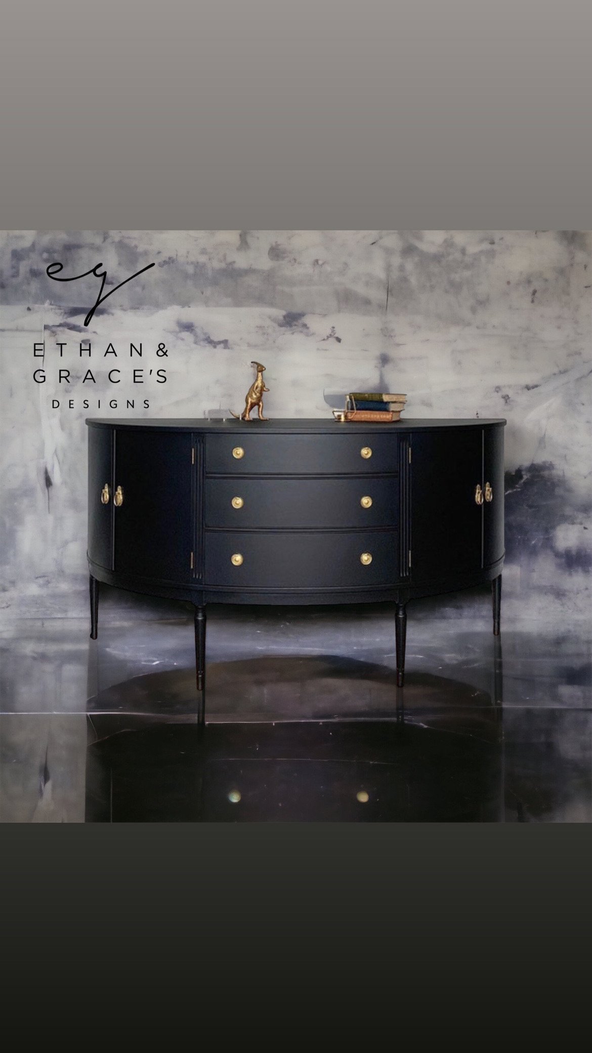 Image of Bow fronted black & gold mahogany sideboard