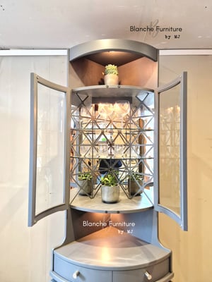 Image of Nathan Corner Drinks Cabinet unit with light in grey - with geometric styled mirrors