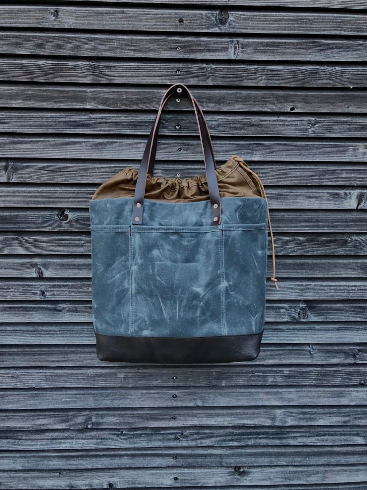 Image of Draw string closure large tote bag in waxed canvas