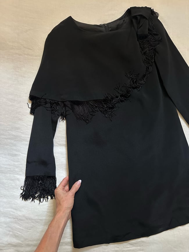 1960s black fringe cocktail mini dress