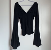 Image 4 of FREE PEOPLE black V-neck gathered front long bell sleeve top shirt