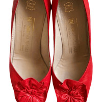Image 3 of 1980s Red Bruno Magli Leather Peep Toe Heels- Flower Accent