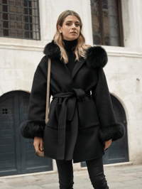 Image 1 of Black Loro Coat With Fur Cuffs