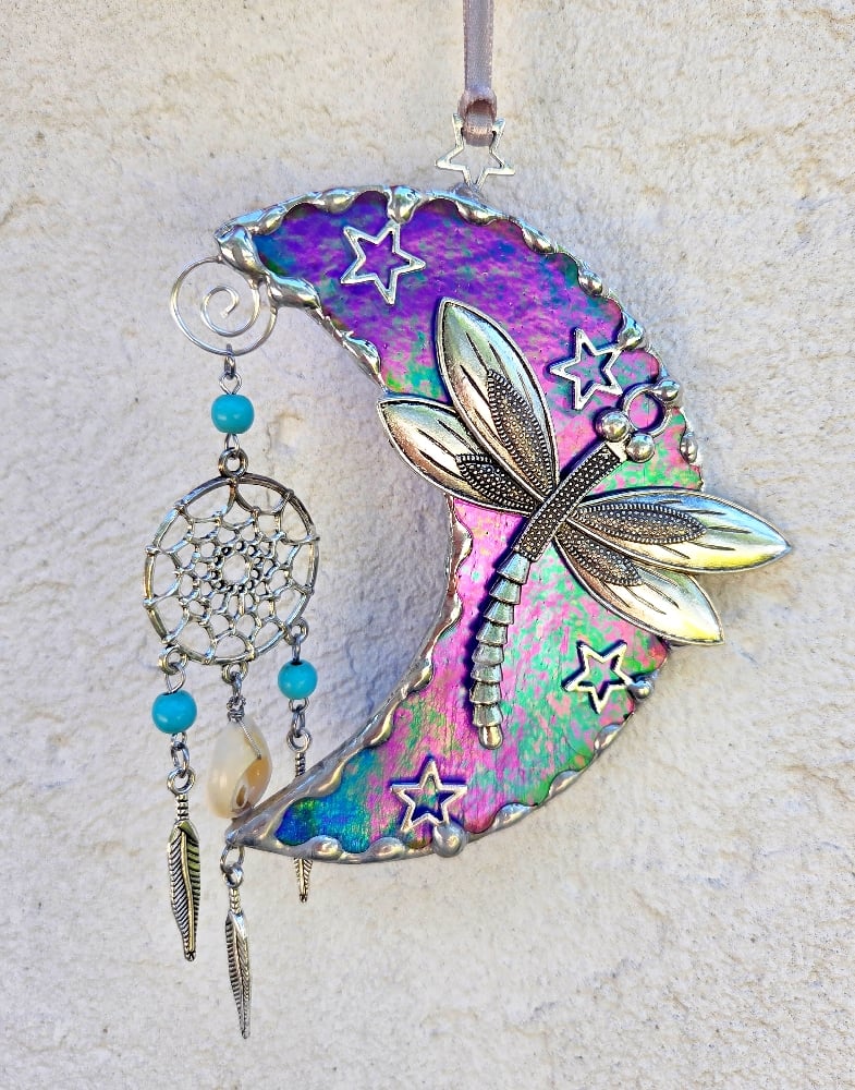 Image of Stained Glass Iridescent Blue Dragonfly Moon