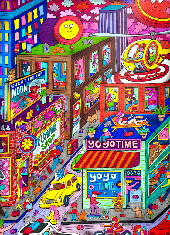 Image of My Yo-Yo Neighborhood original ink illustration 22x30