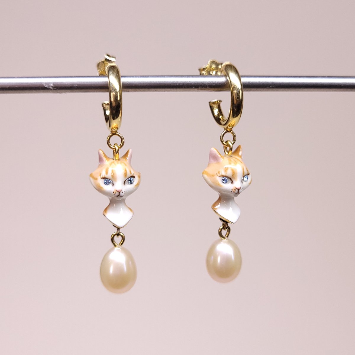 Image of Ginger Tabby Porcelain & Gold Vermeil Pearl Drop Earrings