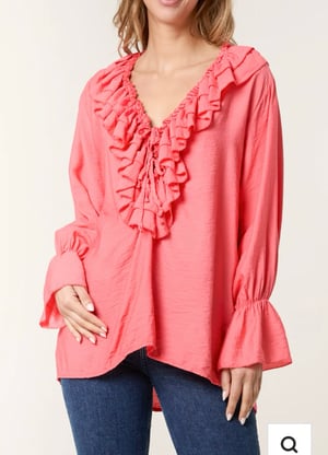 Image of V-NECK RUFFLE TIED FRONT BLOUSE