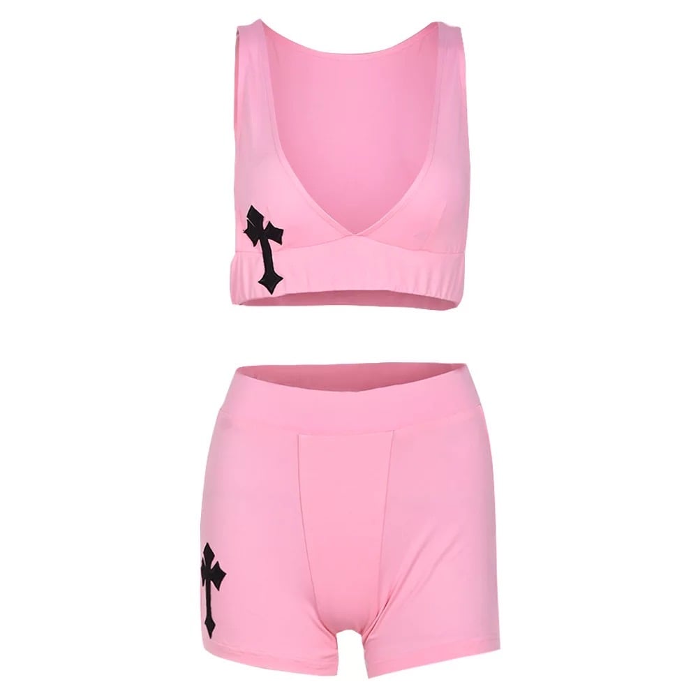 Image of Crop Top Shorts 2 Piece Set Women Low Cut Cross Embroidery Pink Summer Print Two Pieces Set