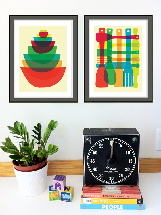 Image of Bowl & Utensil Stack - 2 Kitchen Art Prints Set