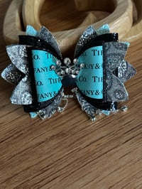Image 3 of Designer Inspired Teal, Silver, and Teal Tumbler Straw Topper Bow