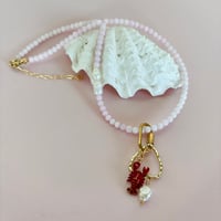 Image 1 of Pink glass bead and pearl necklace with carabiner and lobster