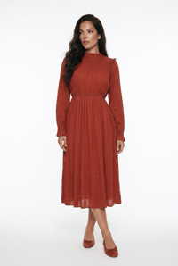Image 5 of Rust Red Mock Neck Smocked Bodice Pleated Midi Dress – Long Sleeve Boho Fall Dress Size Small NWOT