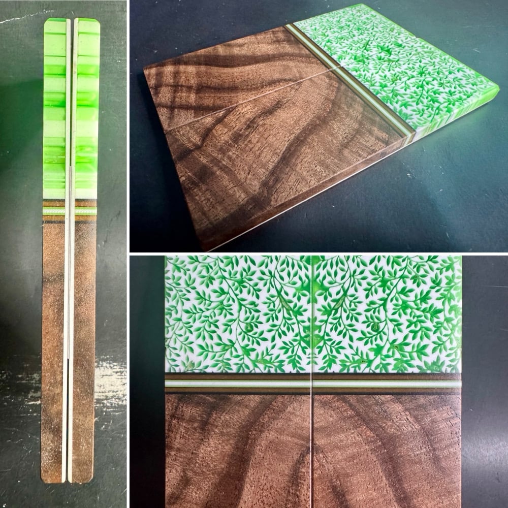 Image of @Kaoticartworks Resin & Curly Walnut Segmented Knife Scales