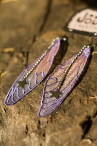 Image 3 of Purple orange cicada fairy wing earrings