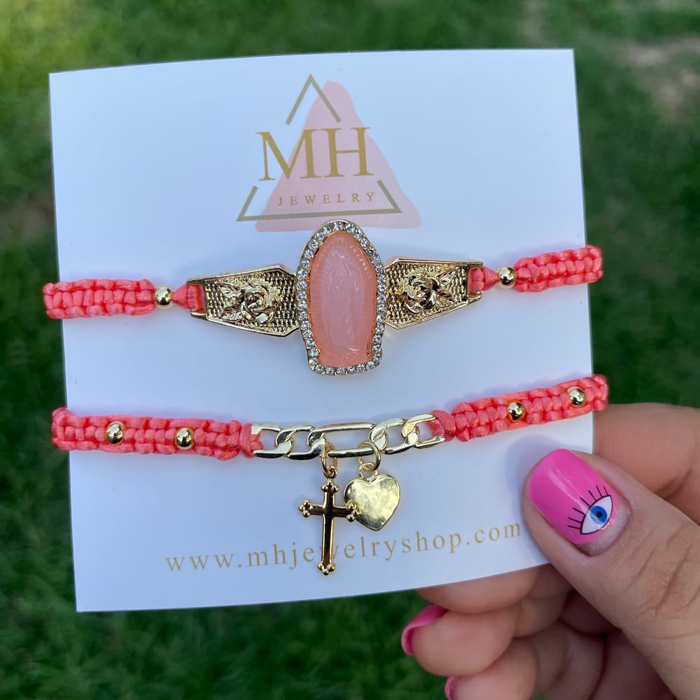 Coral Virgen D Guadalupe 2pc bracelet set 