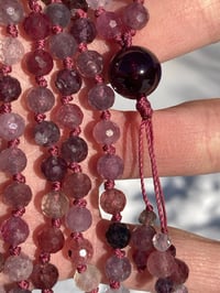 Image 5 of Rainbow Spinel Mala with Purple Garnet Guru Bead, Spinel 108 Bead Japa Mala Hand Knotted Necklace
