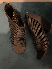 Image 1 of black leather strap bootie sandals 