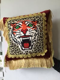 Image 13 of Red Velvet Leopard Tiger Patch Fringed Cushion Cover