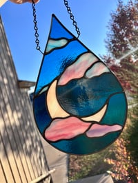 Image 5 of Aqua Blue Stained Glass Moon & Cloud Teardrop Suncatcher - Handmade Window Hanging with Pink Clouds