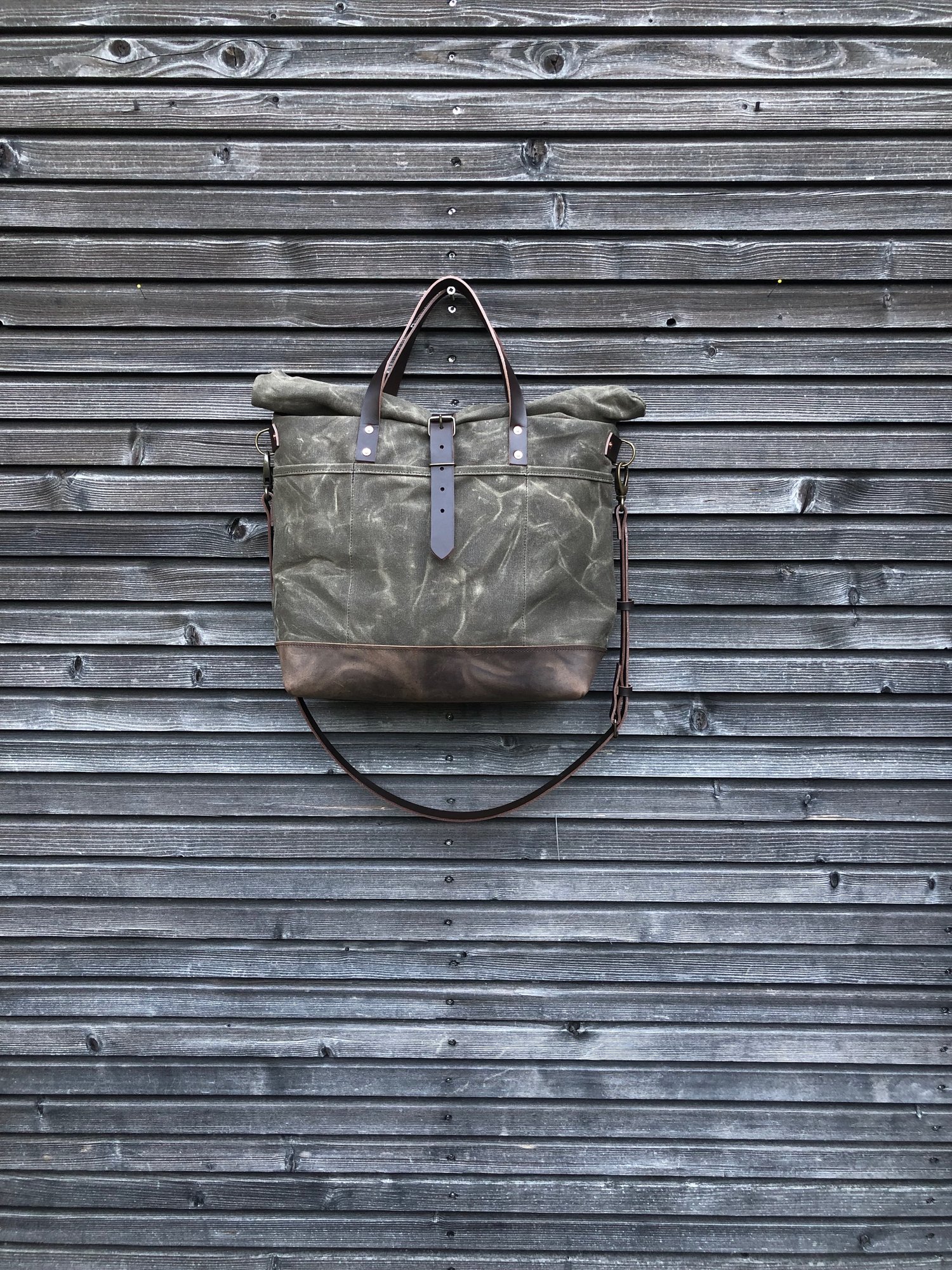 Image of Waxed canvas roll top tote bag / office bag with luggage handle attachment leather handles and shoul