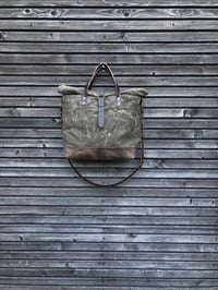 Image 7 of Waxed canvas roll top tote bag / office bag with luggage handle attachment leather handles and shoul