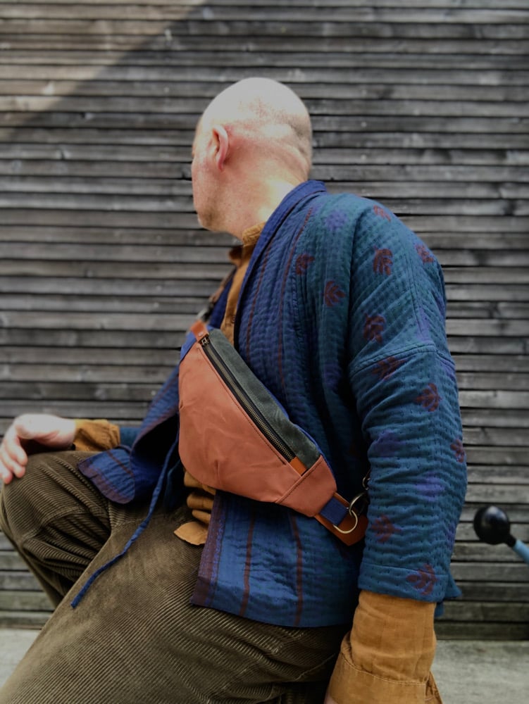Image of Fanny pack in waxed canvas / sling bag / chest bag / day bag/ with leather shoulder strap