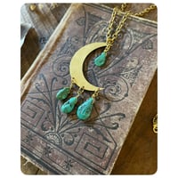 Image 1 of Solid Brass Moon Pendant Necklace - Turquoise Teardrops