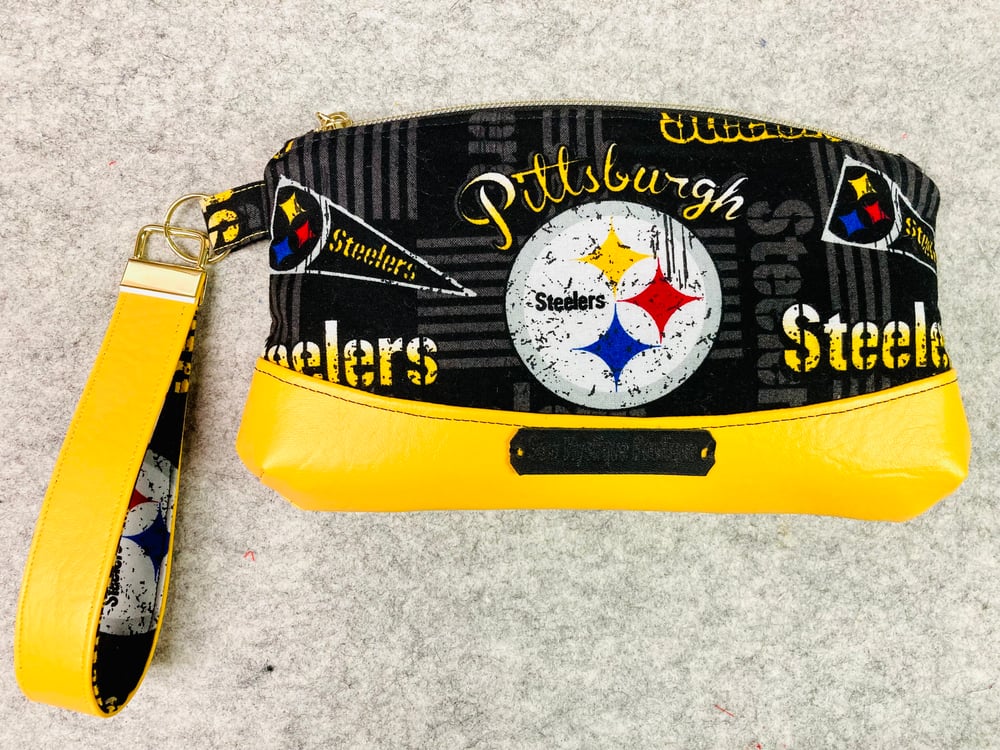 Image of Wristlet Bag made from Pittsburgh Steelers fabric 