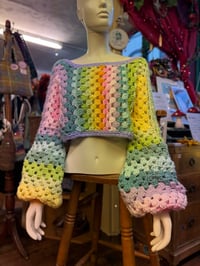 Image 5 of BUBBLE POP - crochet pastel rainbow cropped off shoulder jumper/sweater flared bell sleeve